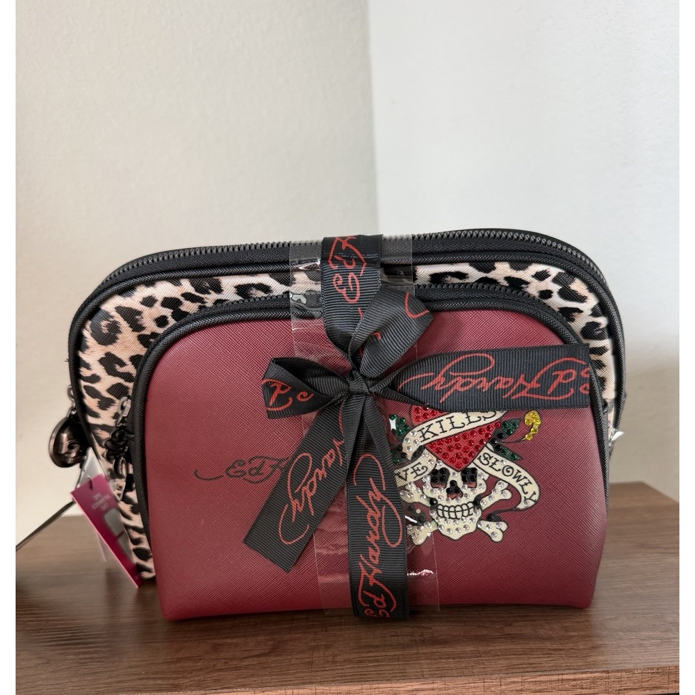 Ed Hardy 2 Pc Cosmetic Bag Set Leopard Skull Rhinestone Y2K McBling NWT